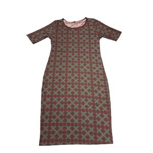 LuLaRoe Julia Dress Womens Medium Green Red Geometric Sheath Midi Short Slv #158